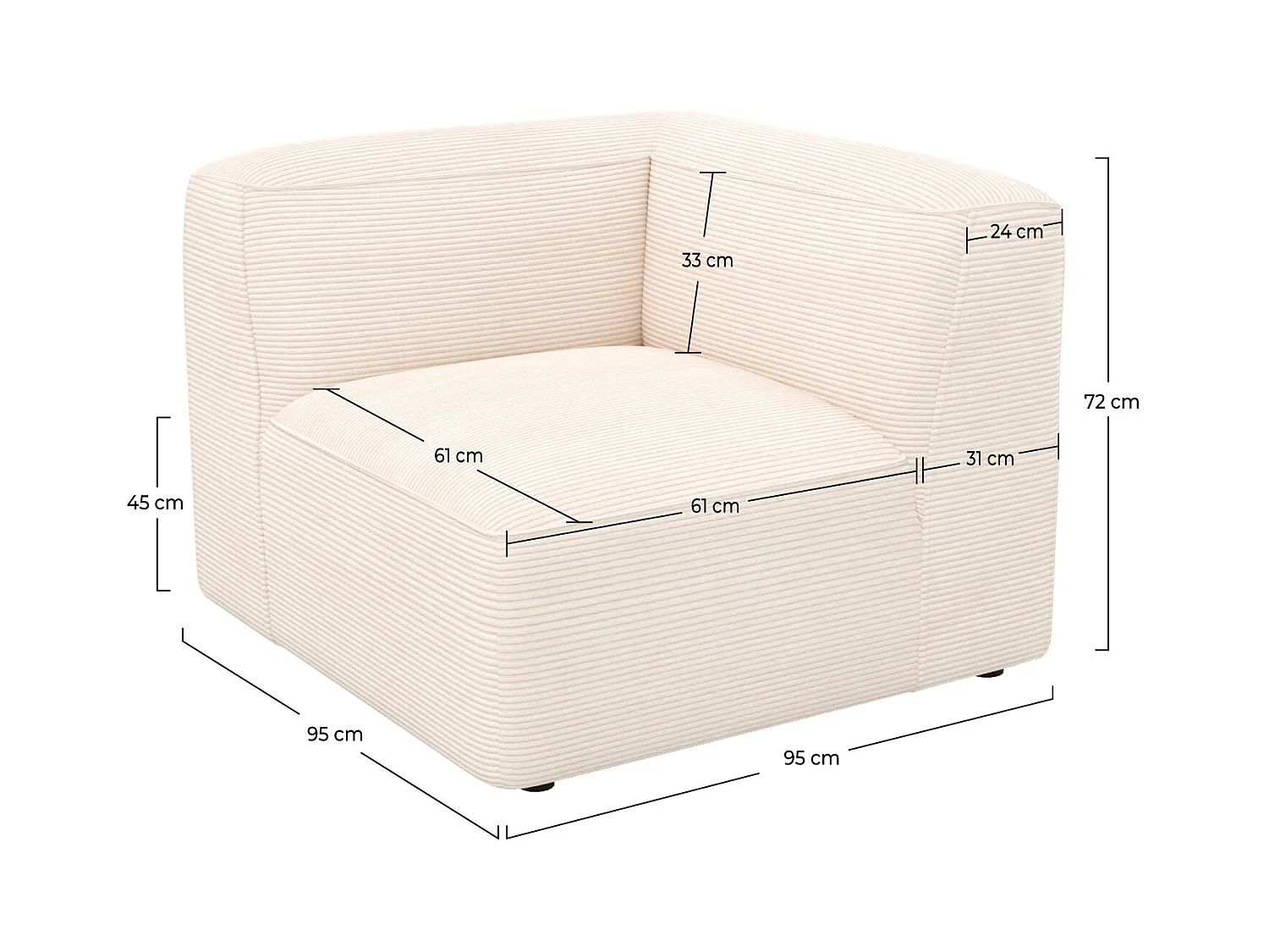 Angle droit pour canapé modulable en velours blanc cassé - Mina
