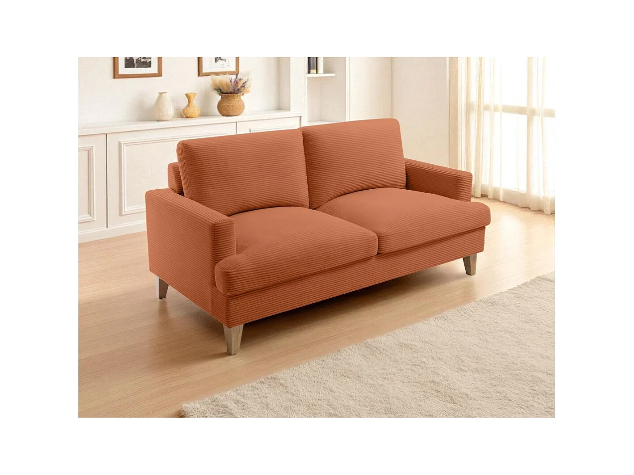 Canapé droit 3 places TALMA en velours côtelé terracotta