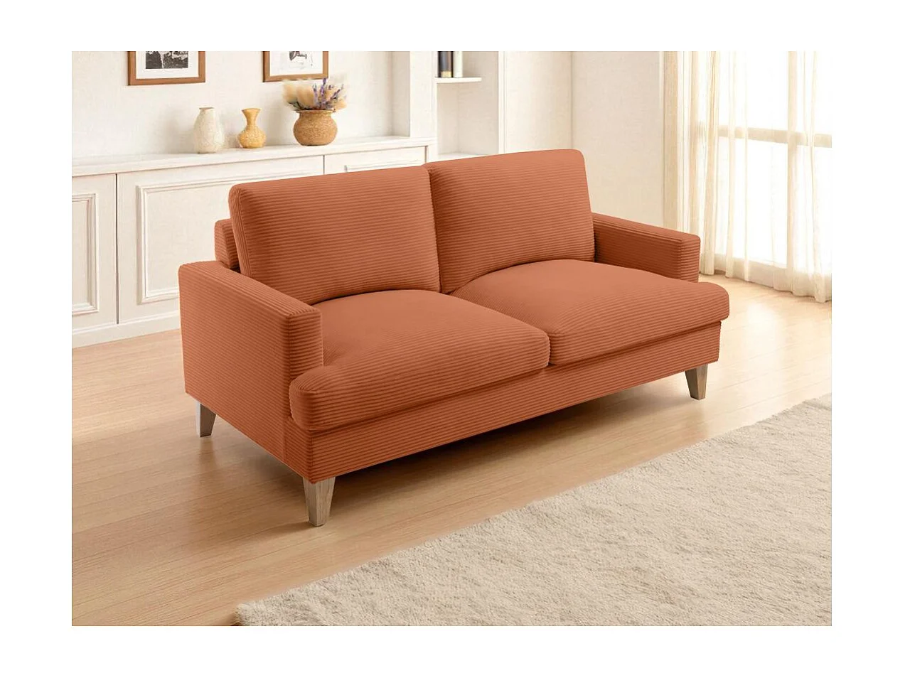 Canapé droit 3 places TALMA en velours côtelé terracotta pieds bois