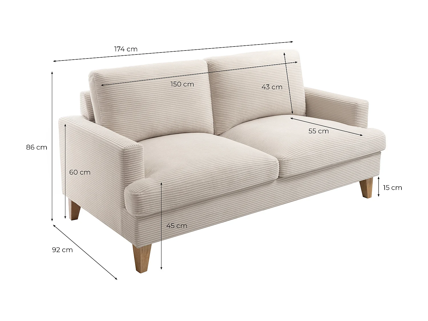 Canapé droit 3 places TALMA en velours côtelé terracotta pieds bois