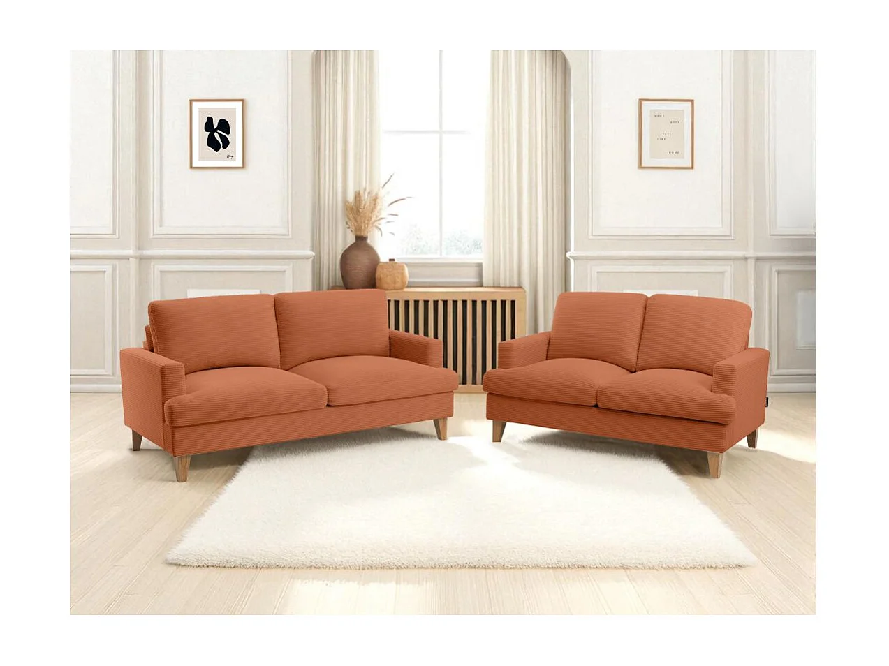 Ensemble canapés droits TALMA 3 + 2  places en velours côtelé terracotta pieds bois naturel