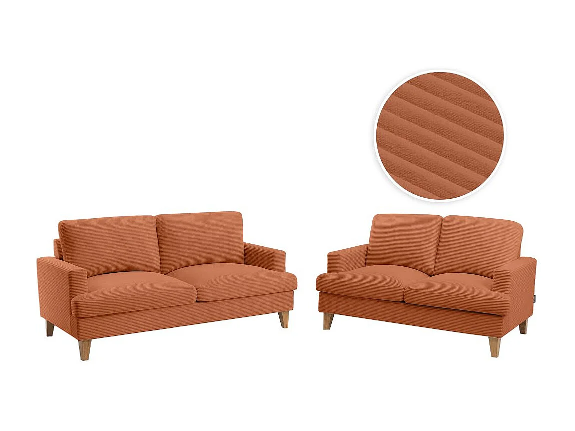 Ensemble canapés droits TALMA 3 + 2  places en velours côtelé terracotta pieds bois naturel