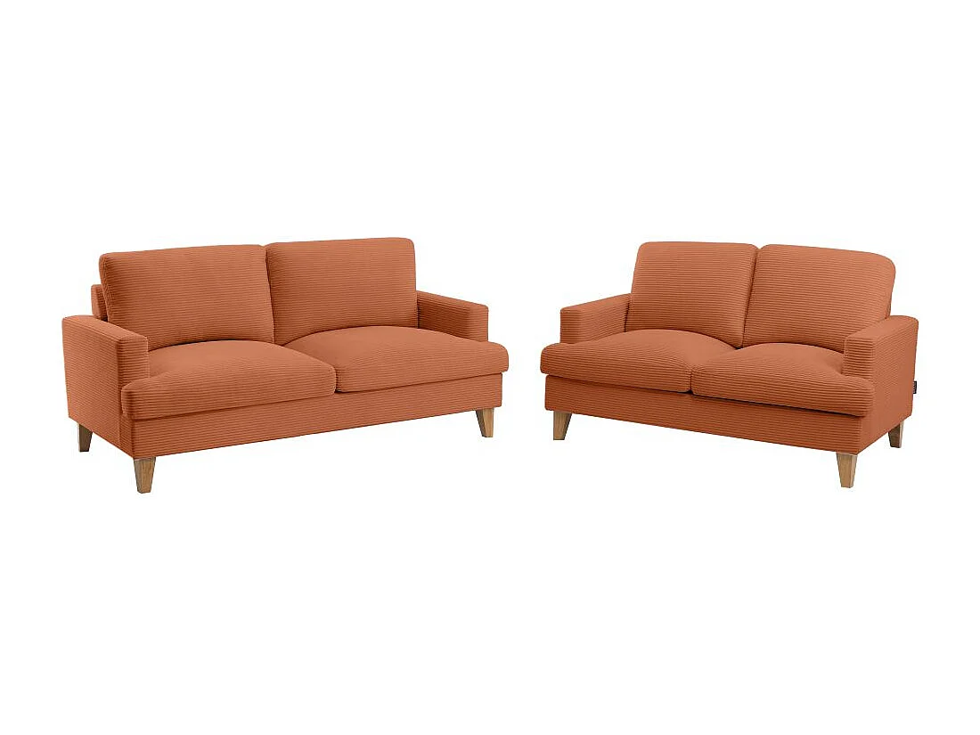 Ensemble canapés droits TALMA 3 + 2  places en velours côtelé terracotta pieds bois naturel