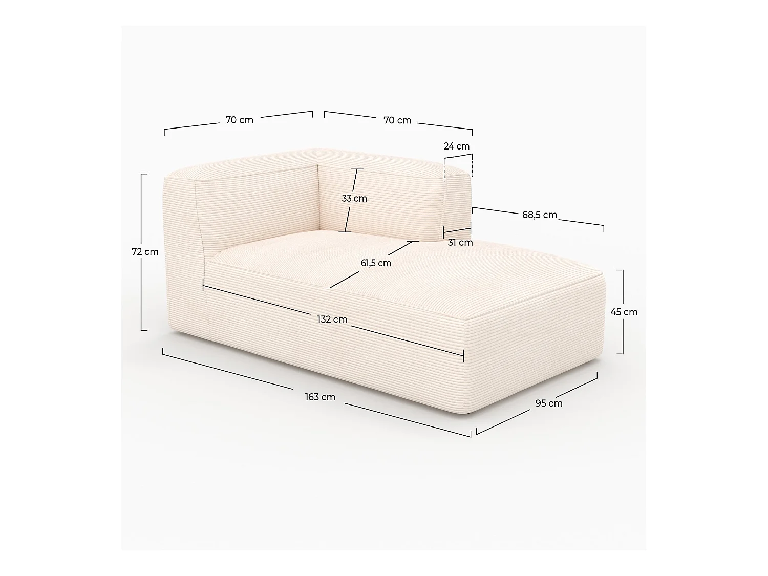 Méridienne d'angle à droite pour canapé modulable en velours blanc - Mina