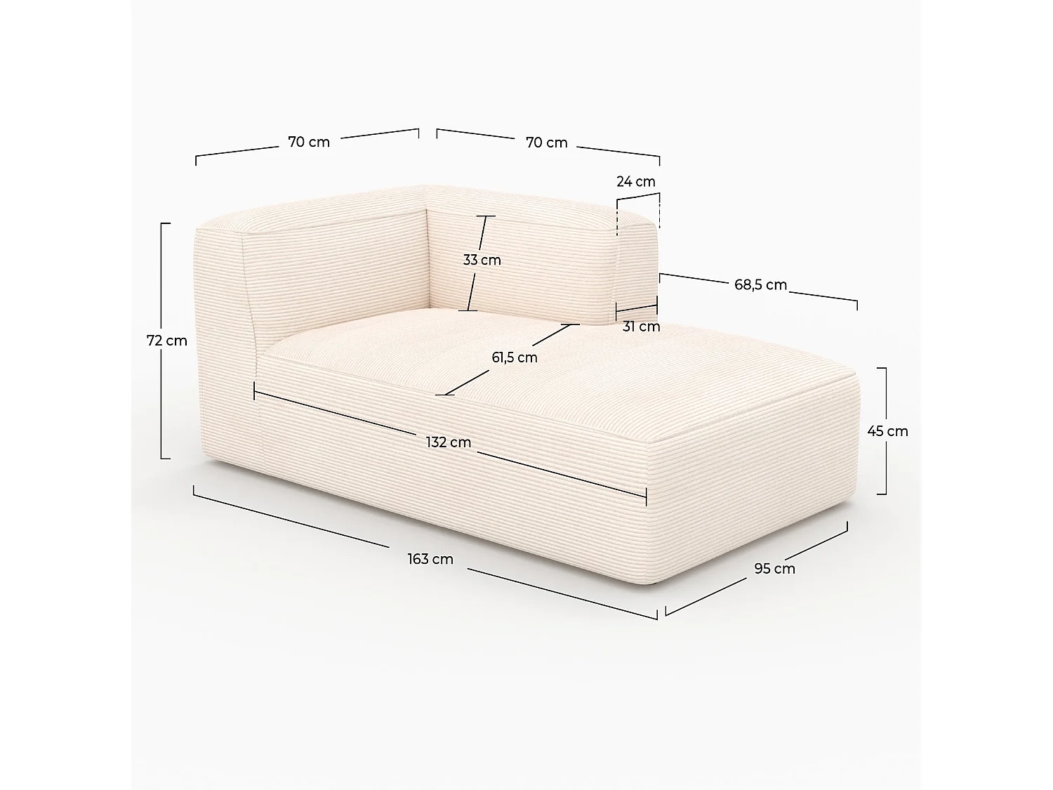 Méridienne d'angle à droite pour canapé modulable en velours blanc - Mina