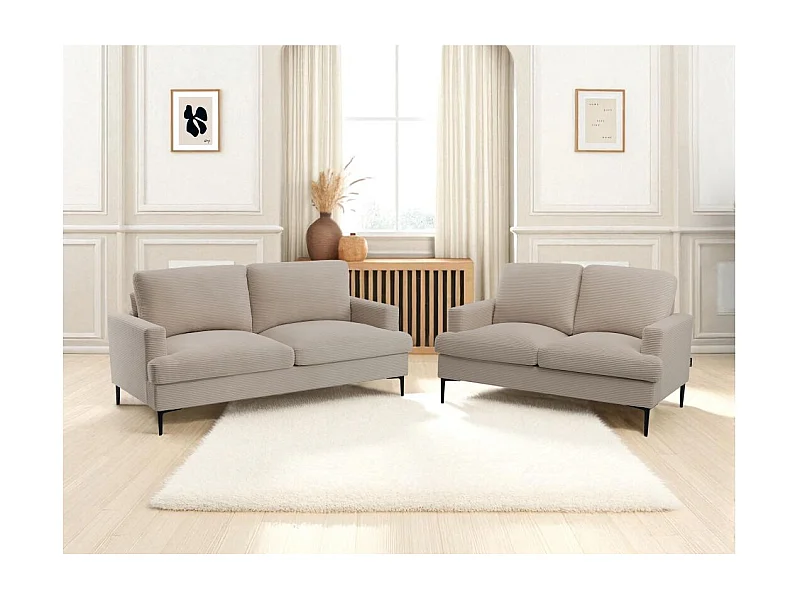 Ensemble canapés droits TALMA 3 + 2  places en velours côtelé taupe pieds métal