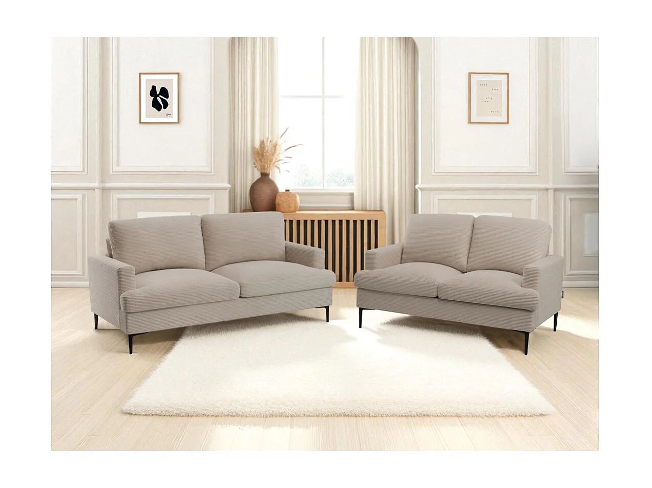 Ensemble canapés droits TALMA 3 + 2  places en velours côtelé taupe pieds métal