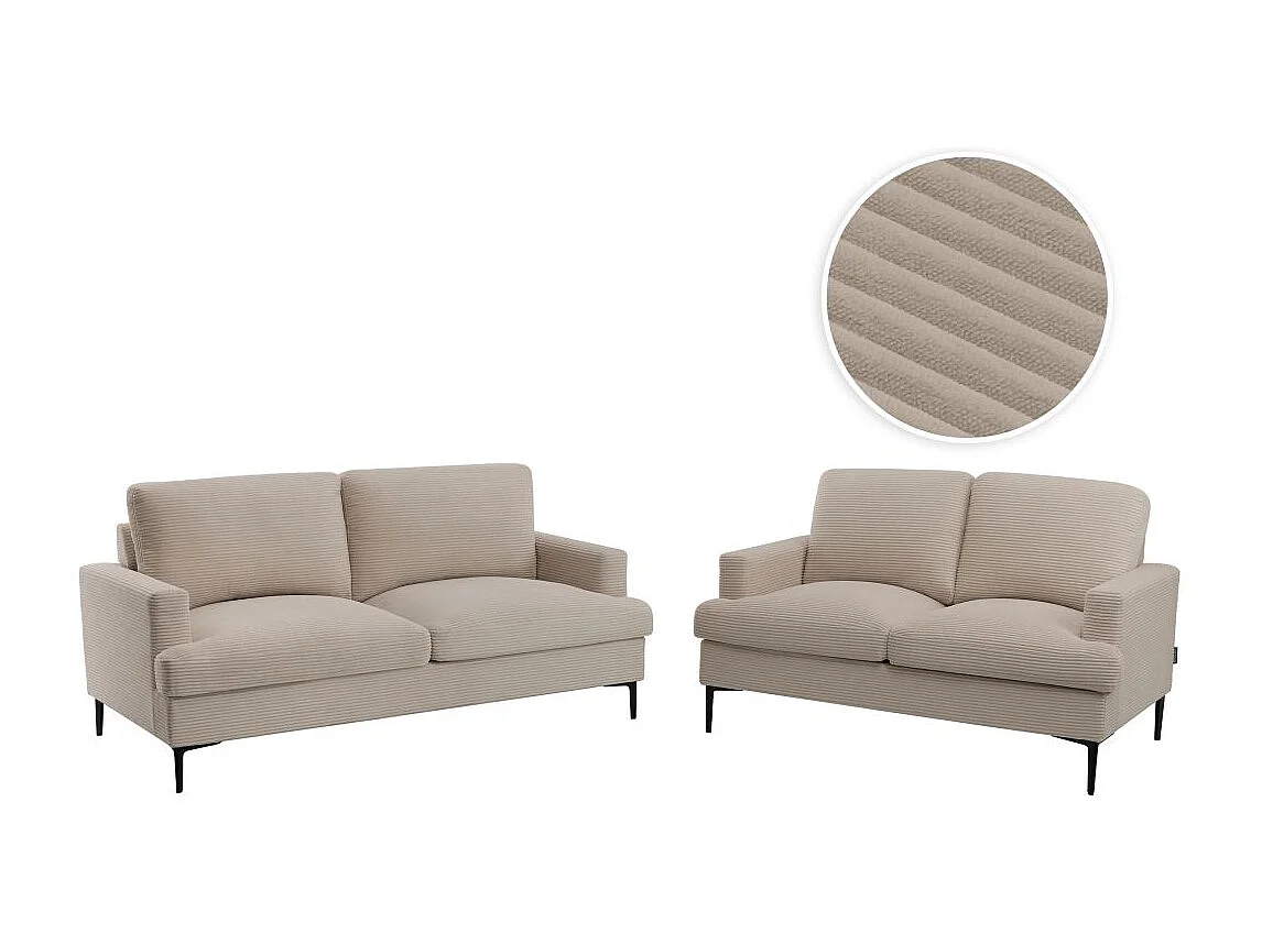Ensemble canapés droits TALMA 3 + 2  places en velours côtelé taupe pieds métal