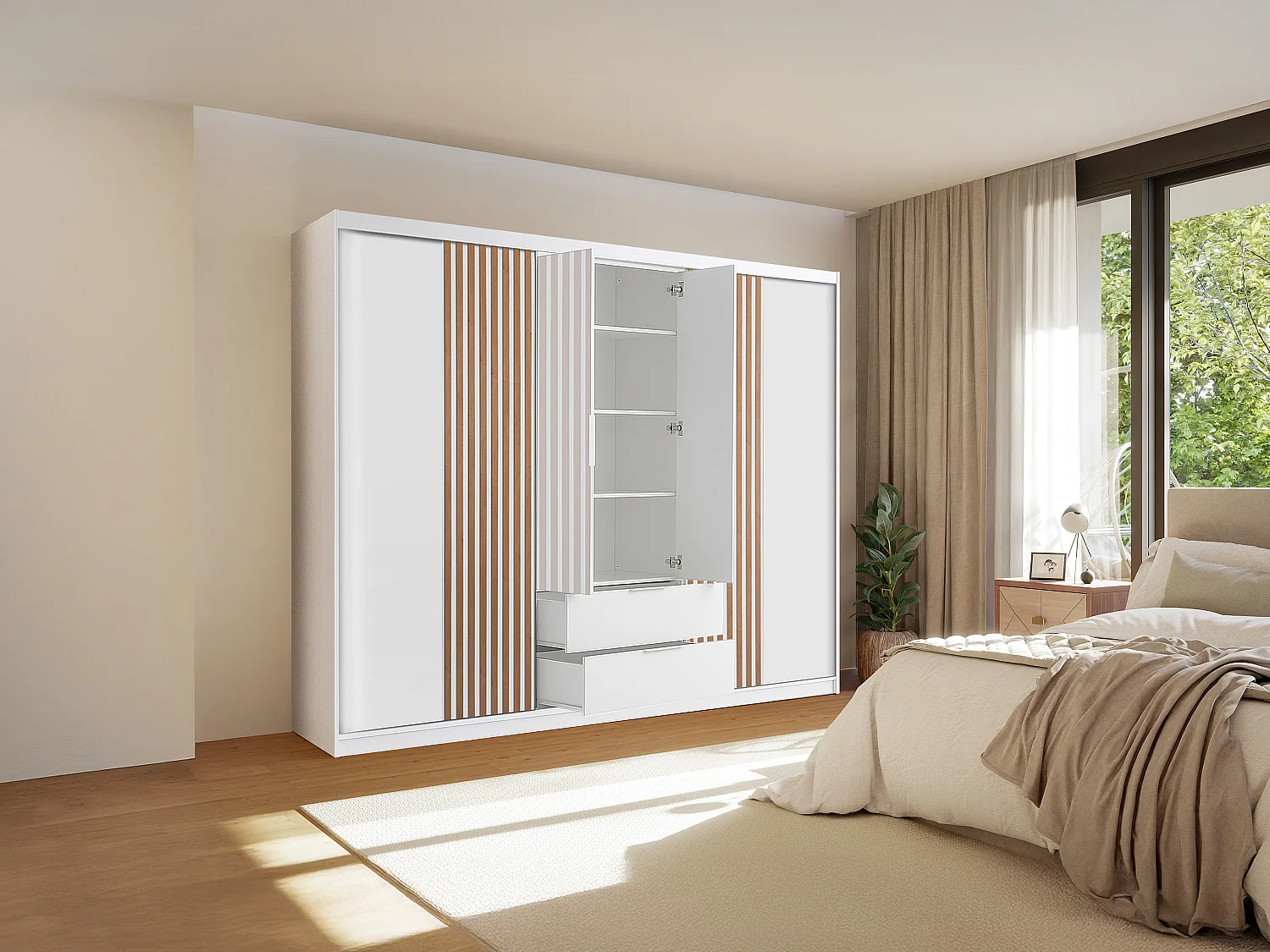 Armoire 4 portes et 2 tiroirs - Avec miroir - L250 cm - Blanc et naturel - SIDOVIA