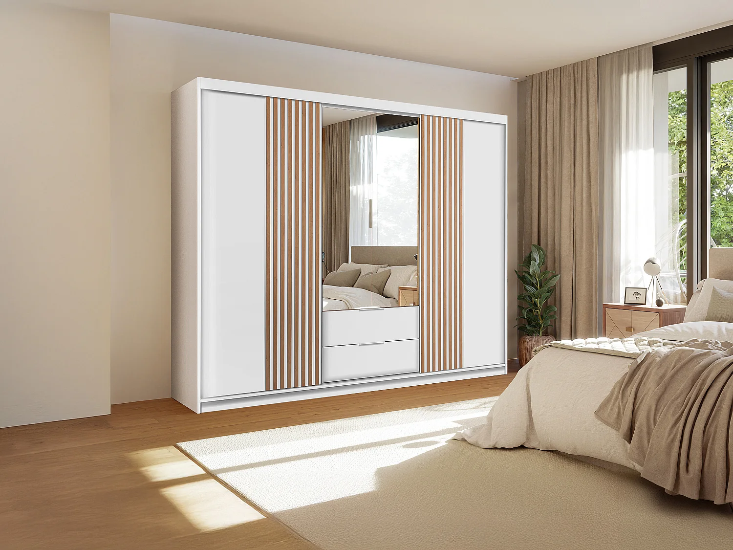 Armoire 4 portes et 2 tiroirs - Avec miroir - L250 cm - Blanc et naturel - SIDOVIA