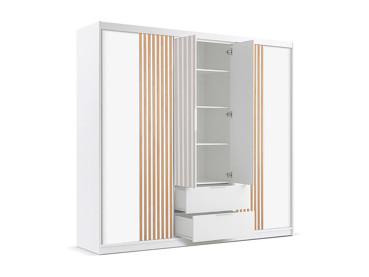 Armoire 4 portes et 2 tiroirs - Avec miroir - L250 cm - Blanc et naturel - SIDOVIA