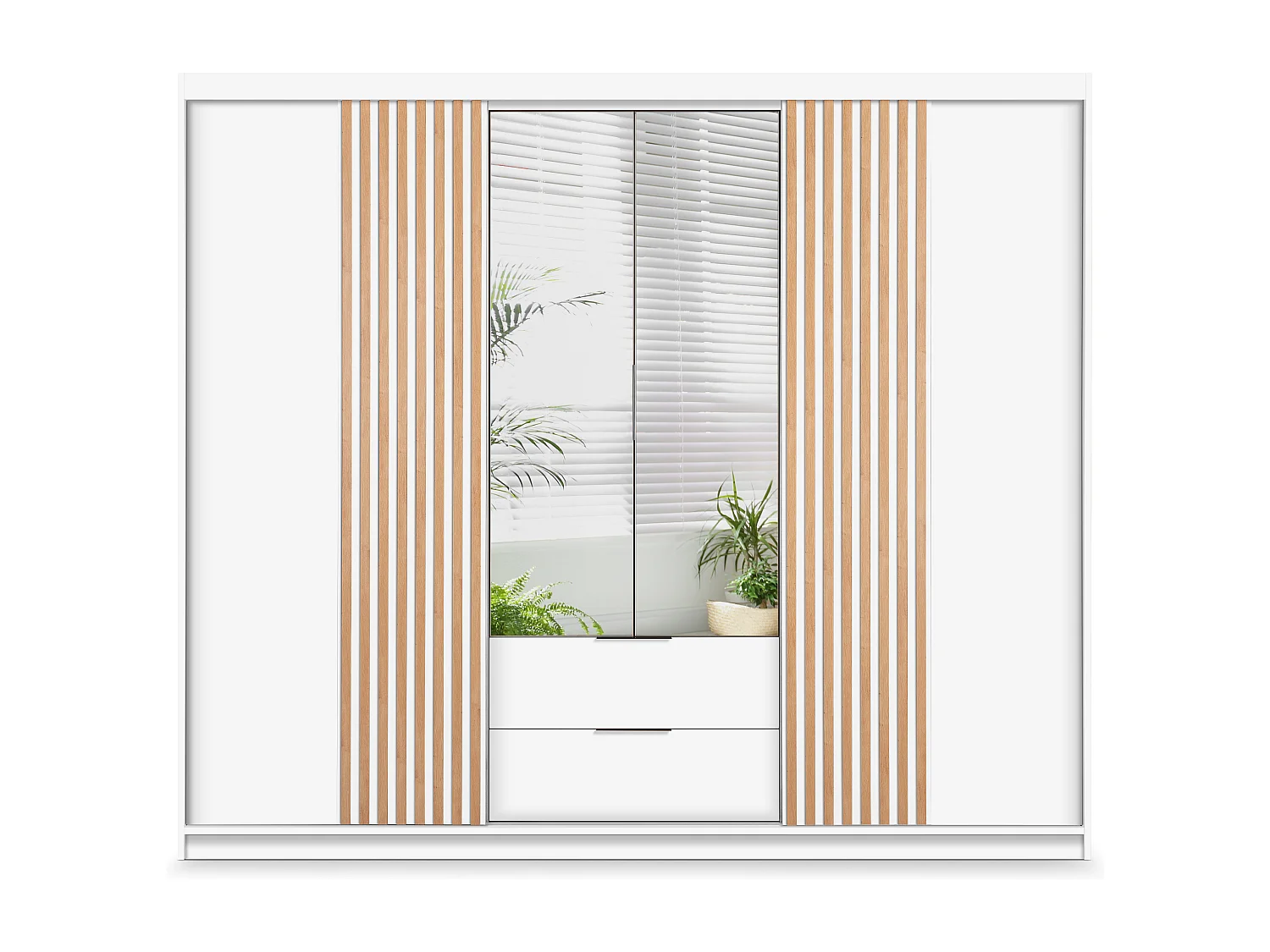 Armoire 4 portes et 2 tiroirs - Avec miroir - L250 cm - Blanc et naturel - SIDOVIA