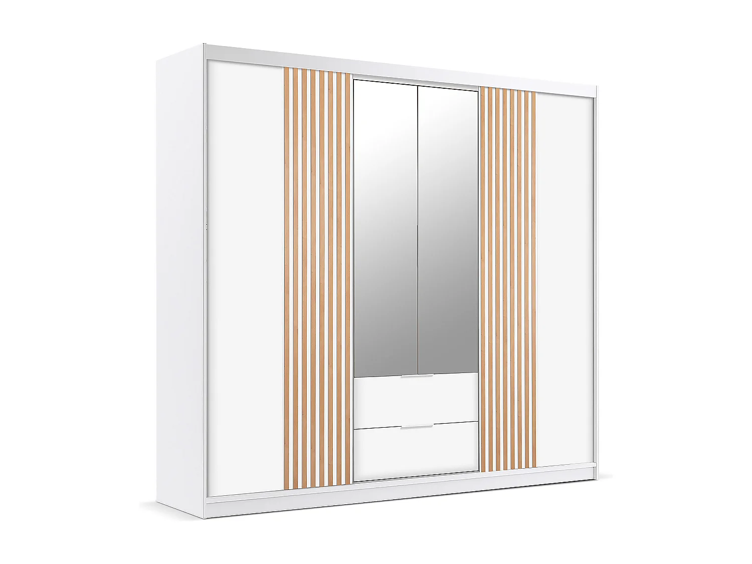 Armoire 4 portes et 2 tiroirs - Avec miroir - L250 cm - Blanc et naturel - SIDOVIA