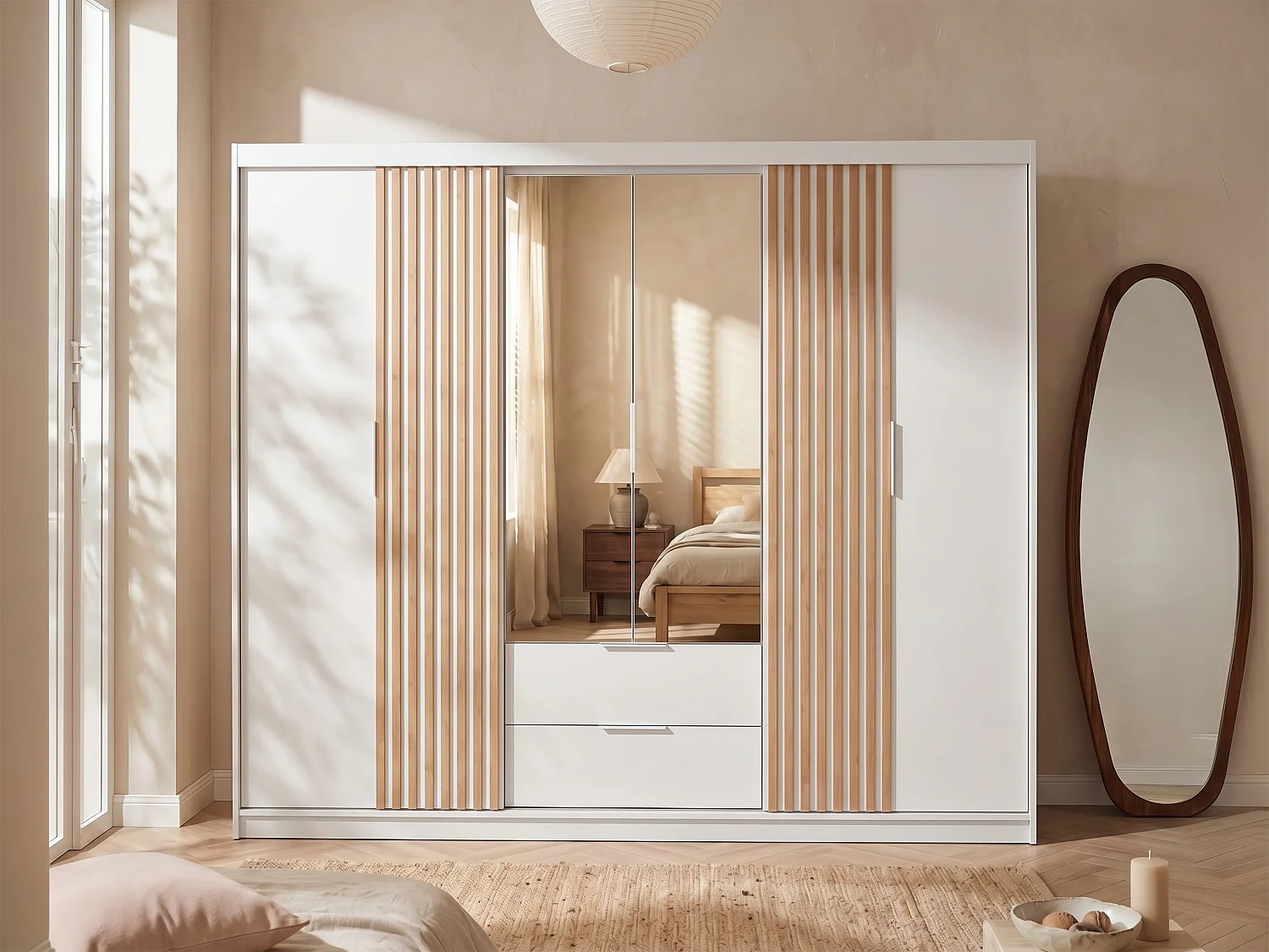 Armoire 4 portes et 2 tiroirs - Avec miroir - L250 cm - Blanc et naturel - SIDOVIA