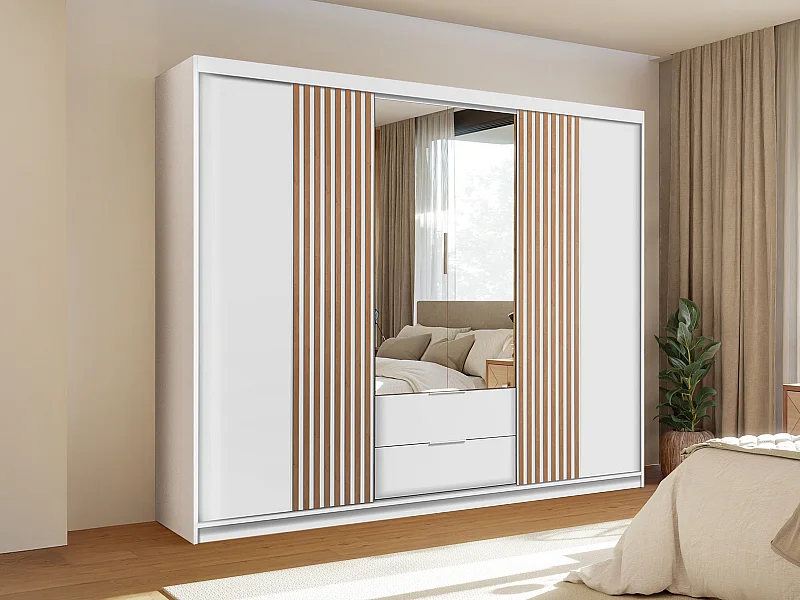 Armoire 4 portes et 2 tiroirs - Avec miroir - L250 cm - Blanc et naturel - SIDOVIA