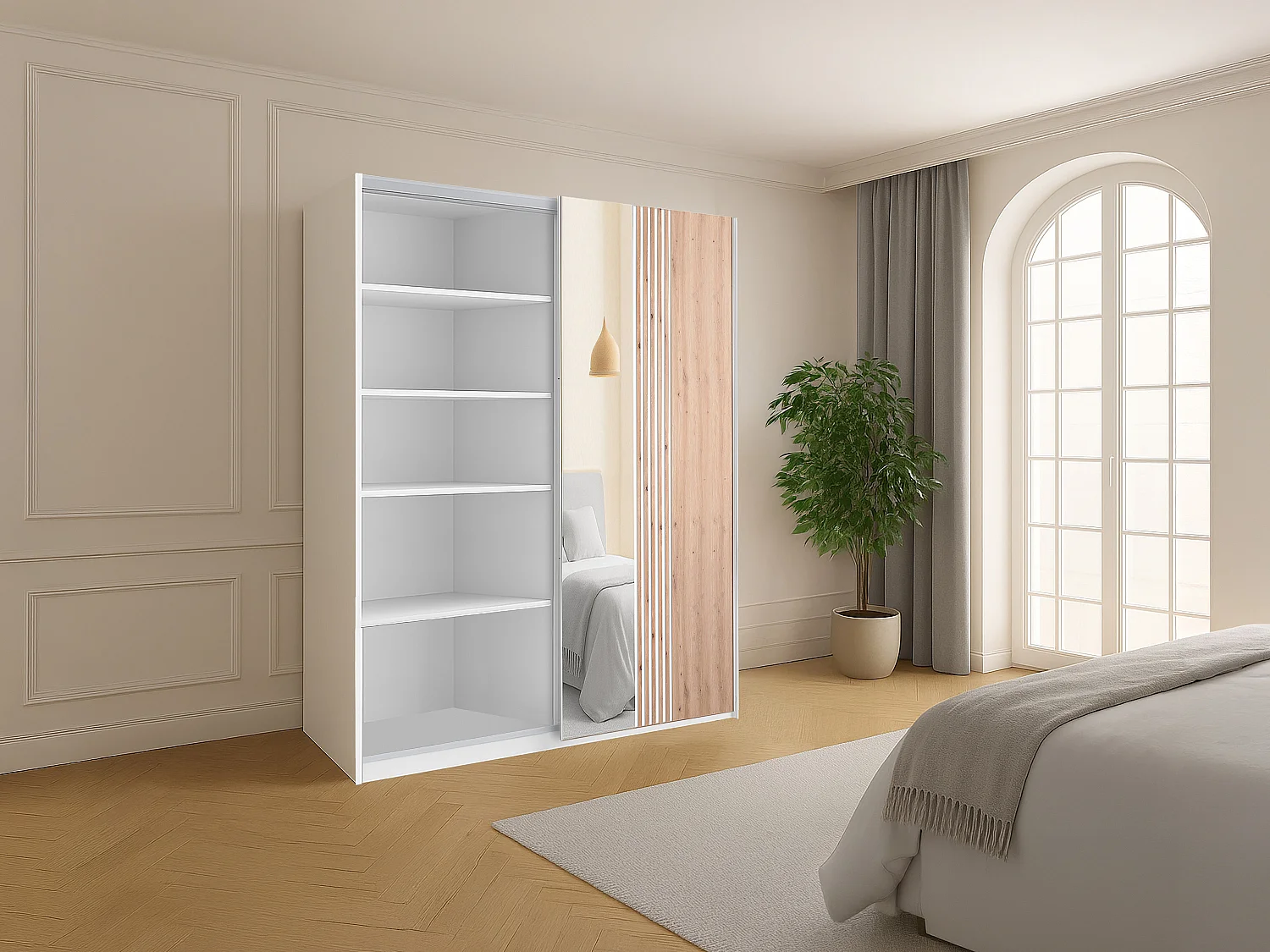 Armoire 2 portes - Avec miroir - L203 cm - Blanc et naturel clair - ADOSILA