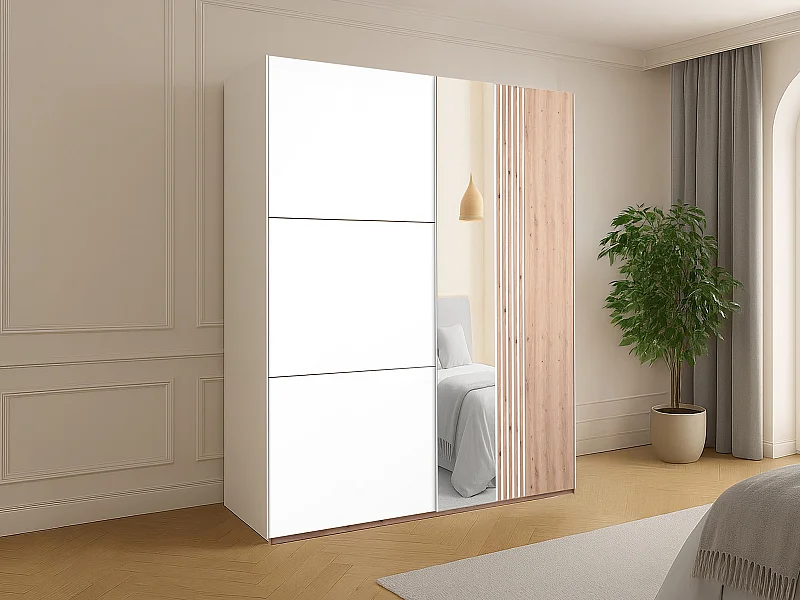 Armoire 2 portes - Avec miroir - L203 cm - Blanc et naturel clair - ADOSILA