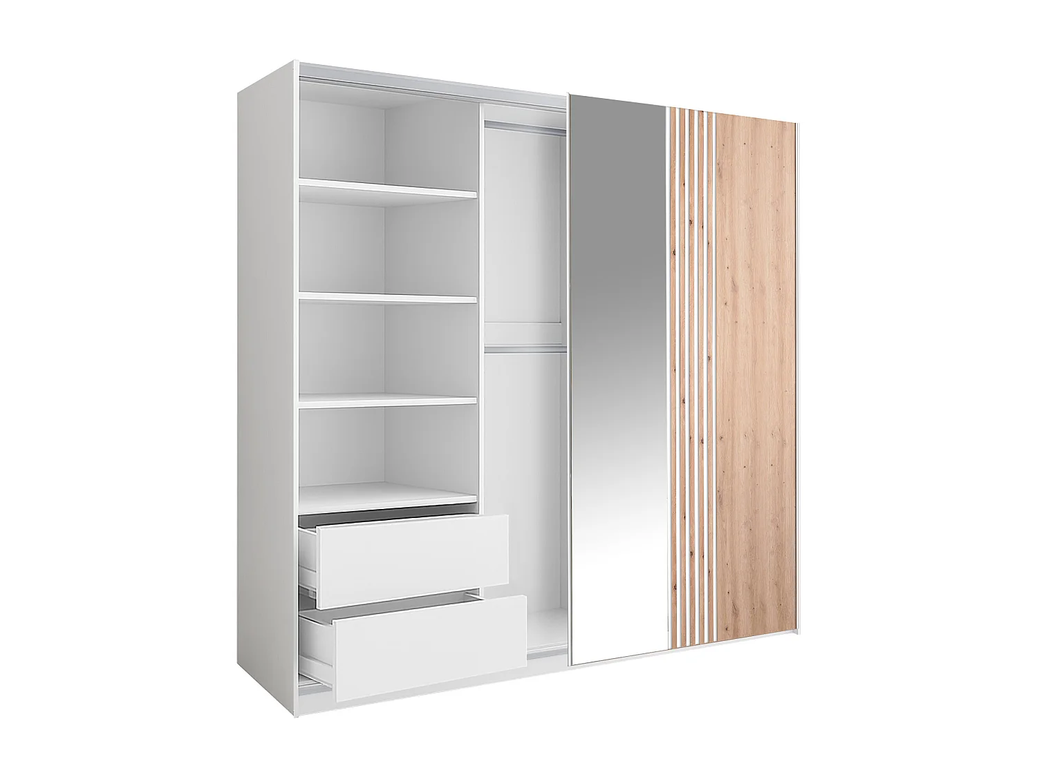 Armoire 2 portes - Avec miroir - L250 cm - Blanc et naturel clair - ADOSILA