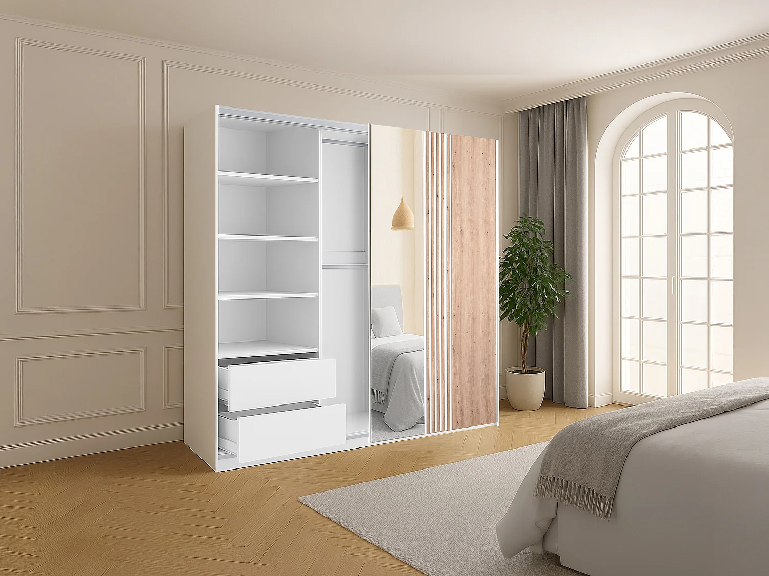 Armoire 2 portes - Avec miroir - L250 cm - Blanc et naturel clair - ADOSILA