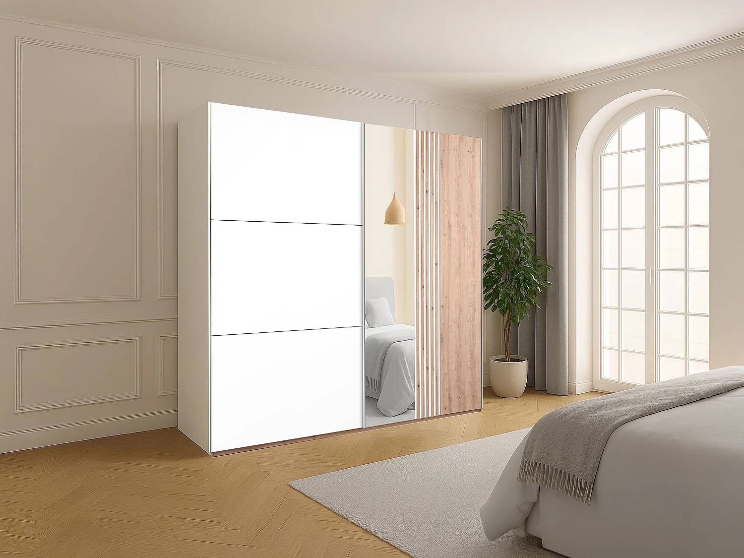 Armoire 2 portes - Avec miroir - L250 cm - Blanc et naturel clair - ADOSILA