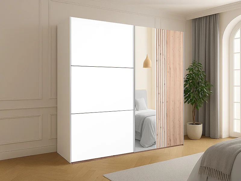 Armoire 2 portes - Avec miroir - L250 cm - Blanc et naturel clair - ADOSILA