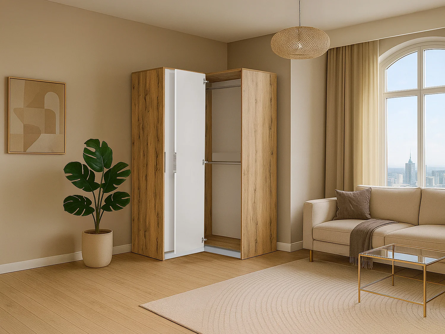 Armoire d’angle 2 portes – L106 cm – Blanc et naturel clair - LAMIKI