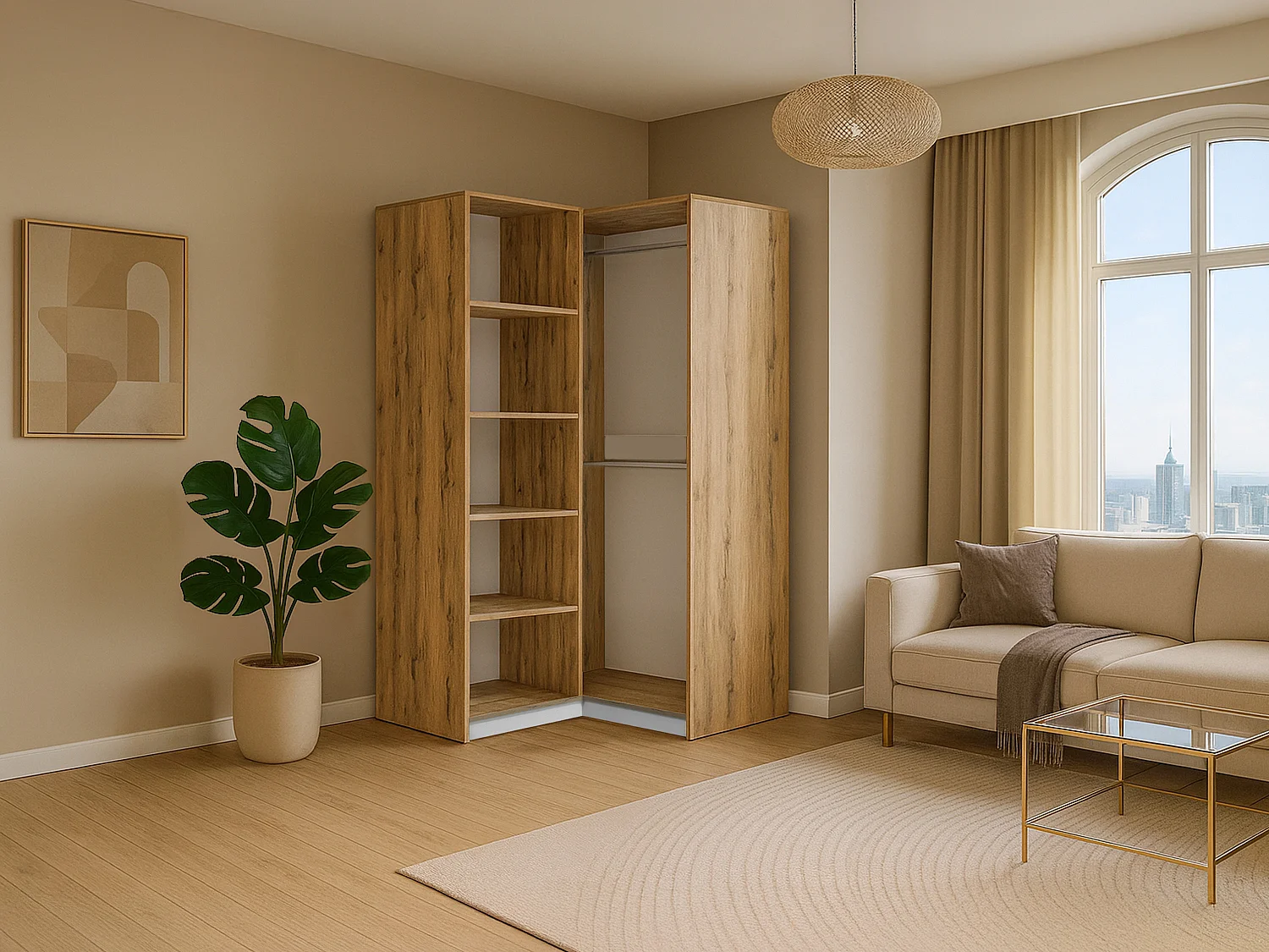 Armoire d’angle 2 portes – L106 cm – Blanc et naturel clair - LAMIKI