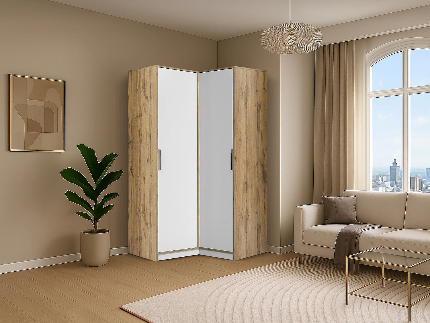 Armoire d’angle 2 portes – L106 cm – Blanc et naturel clair - LAMIKI