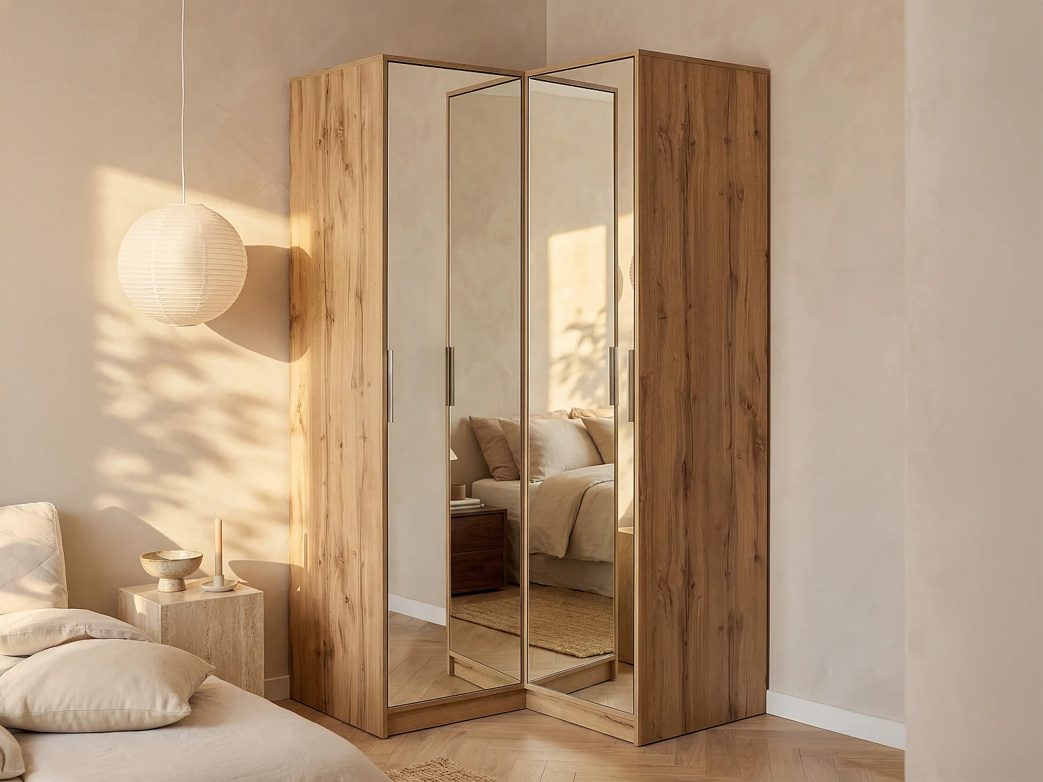 Corner wardrobe 2 doors – W106 cm – White and light natural - LAMIKI