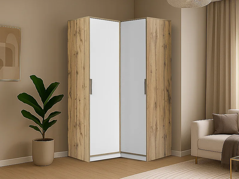 Armoire d’angle 2 portes – L106 cm – Blanc et naturel clair - LAMIKI