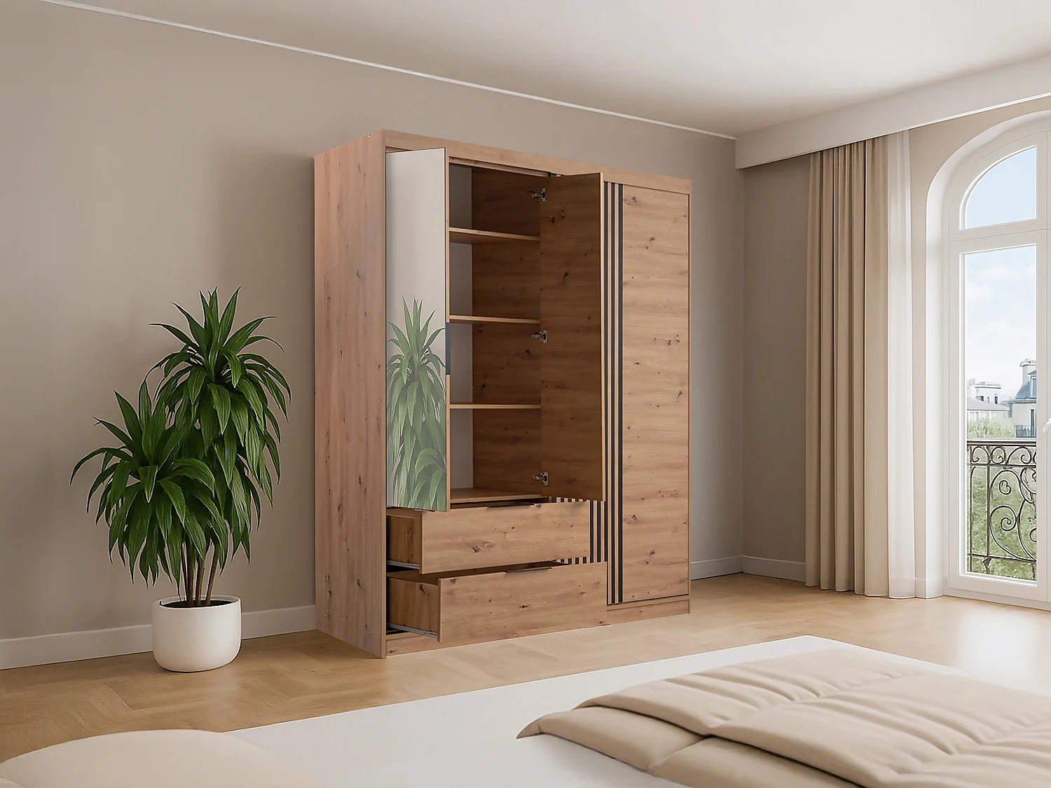Armoire 3 portes et 2 tiroirs – Avec miroir – L203 cm – Coloris : Naturel et noir – SIDOVIA