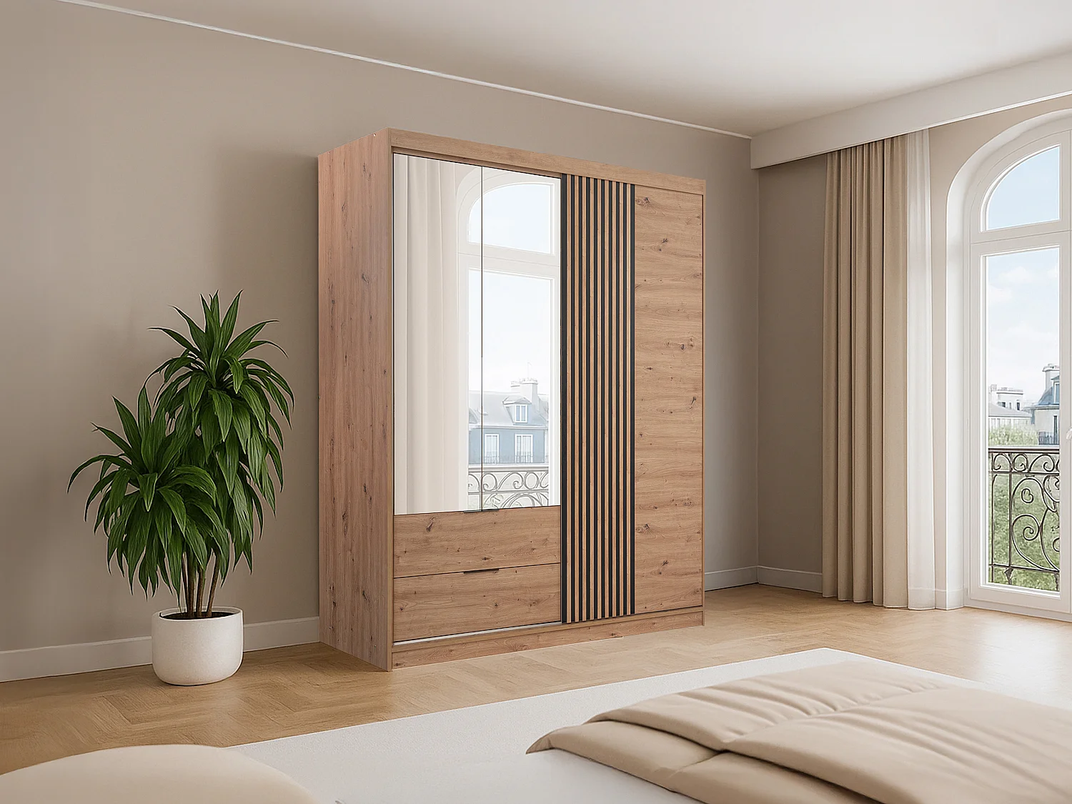 Armoire 3 portes et 2 tiroirs – Avec miroir – L203 cm – Coloris : Naturel et noir – SIDOVIA