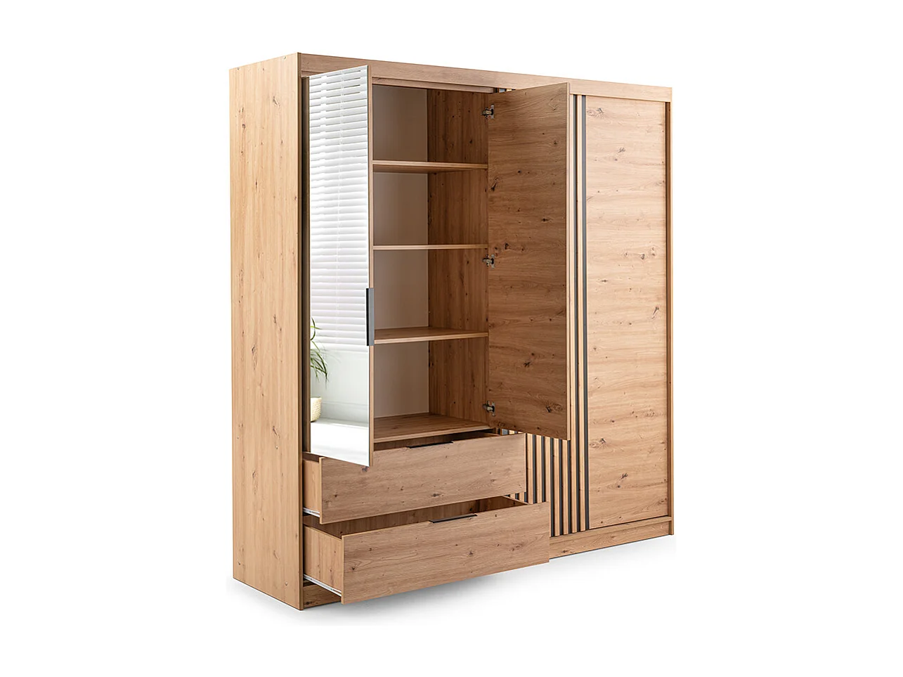 Armoire 3 portes et 2 tiroirs – Avec miroir – L203 cm – Coloris : Naturel et noir – SIDOVIA