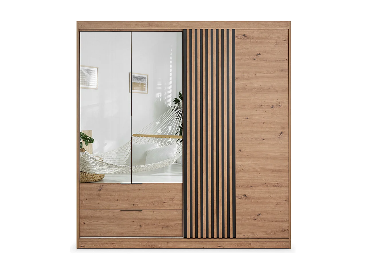 Armoire 3 portes et 2 tiroirs – Avec miroir – L203 cm – Coloris : Naturel et noir – SIDOVIA