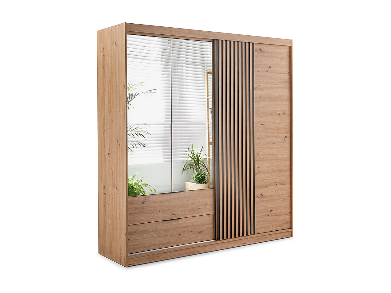 Armoire 3 portes et 2 tiroirs – Avec miroir – L203 cm – Coloris : Naturel et noir – SIDOVIA