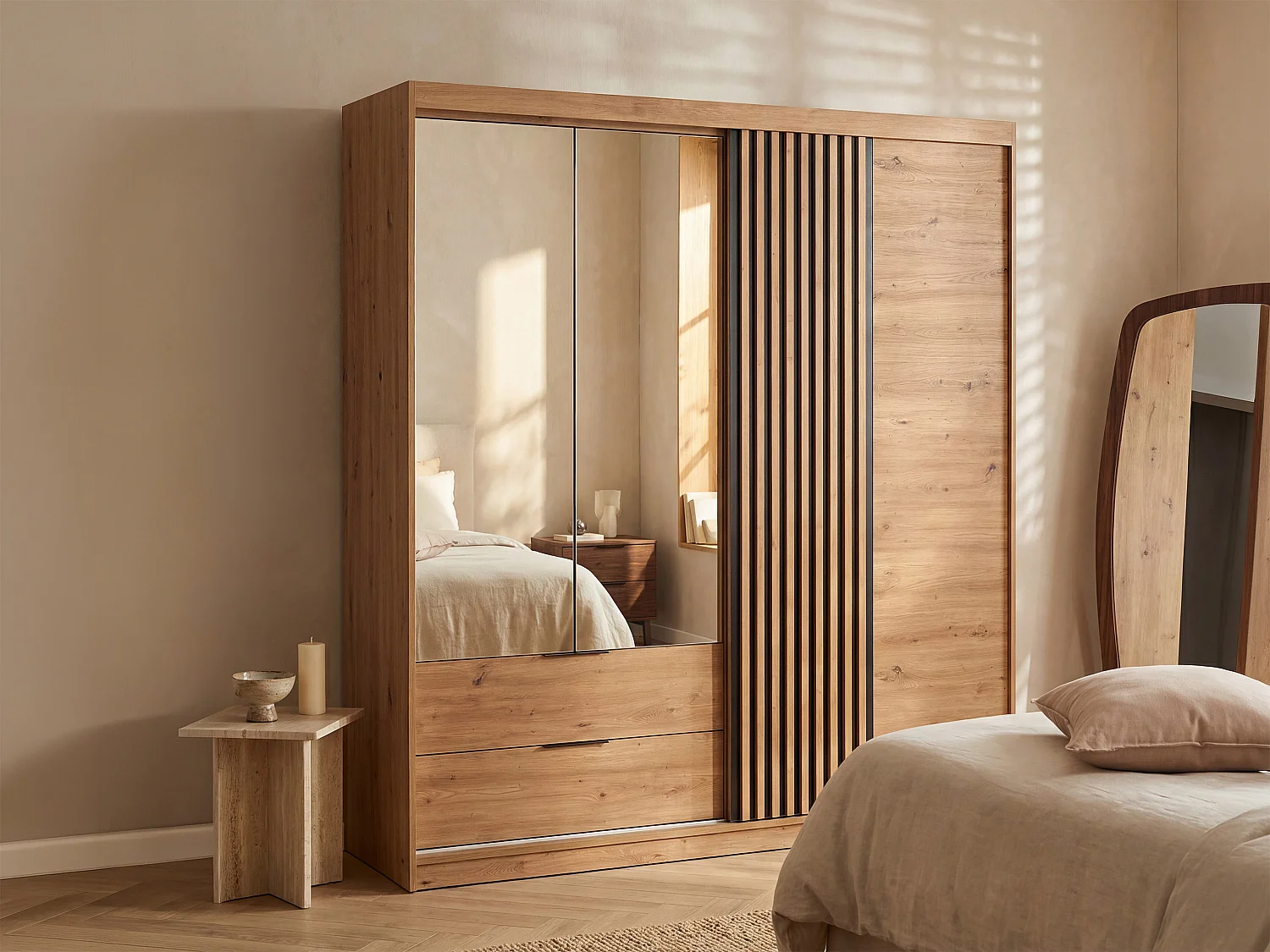 Armoire 3 portes et 2 tiroirs – Avec miroir – L203 cm – Coloris : Naturel et noir – SIDOVIA
