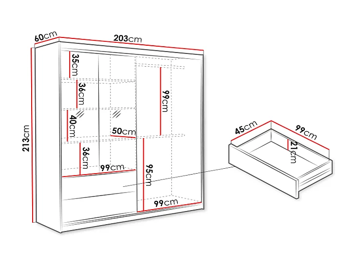 Armoire 3 portes et 2 tiroirs – Avec miroir – L203 cm – Coloris : Naturel et noir – SIDOVIA
