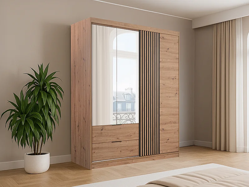 Armoire 3 portes et 2 tiroirs – Avec miroir – L203 cm – Coloris : Naturel et noir – SIDOVIA