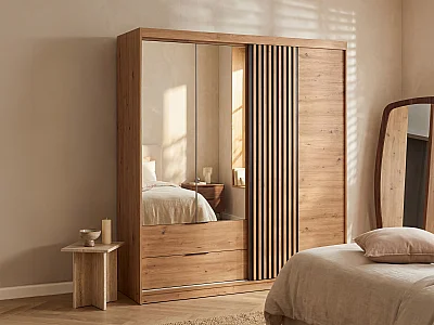 Kast 3 deuren en 2 lades - Met spiegel - B203 cm - Kleur: Naturel en zwart - SIDOVIA