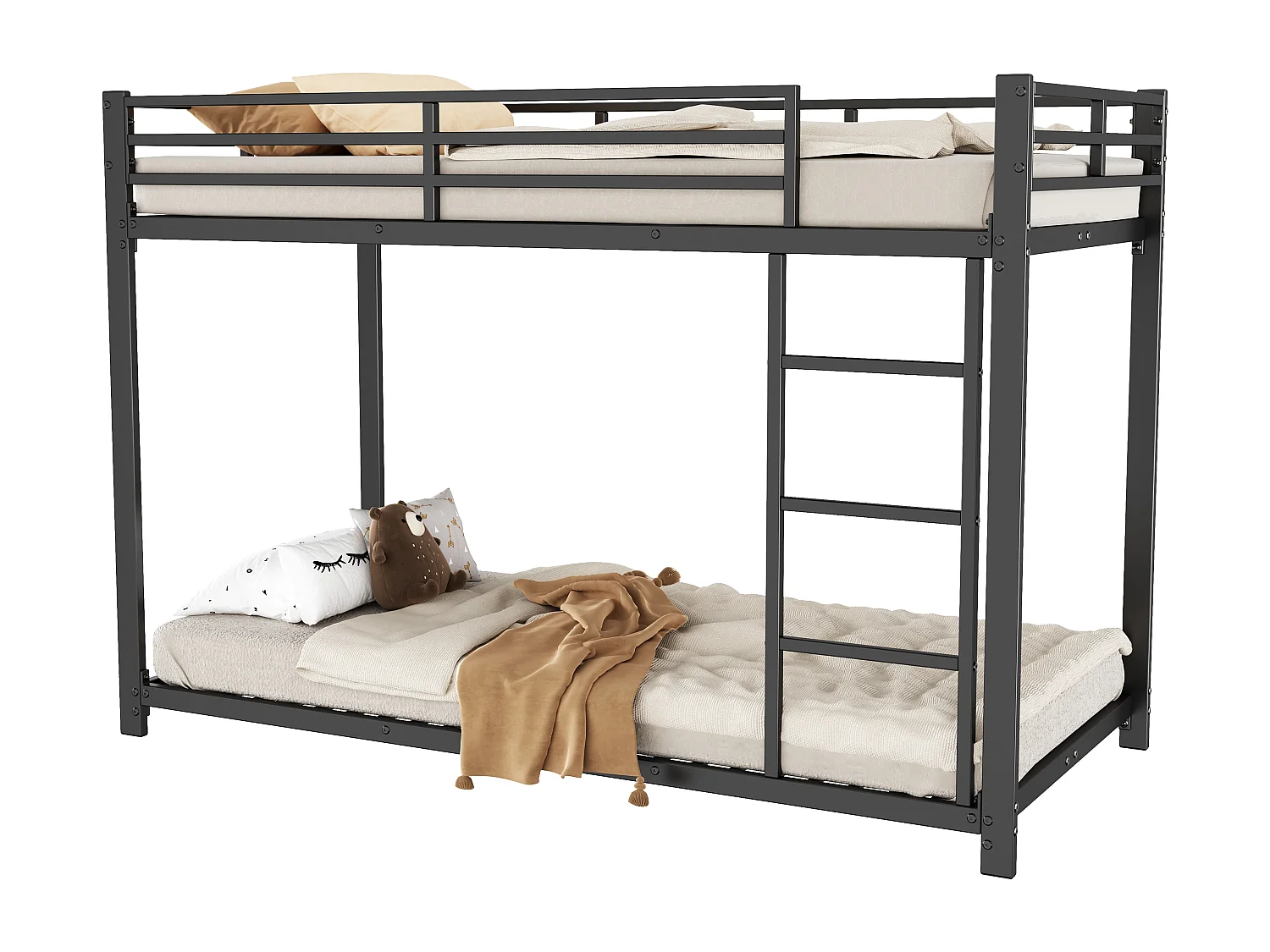 Lit superposé 90x200 cm, structure métal, lit classique pour enfants, adolescents et adultes, sécurité renforcée, Noir