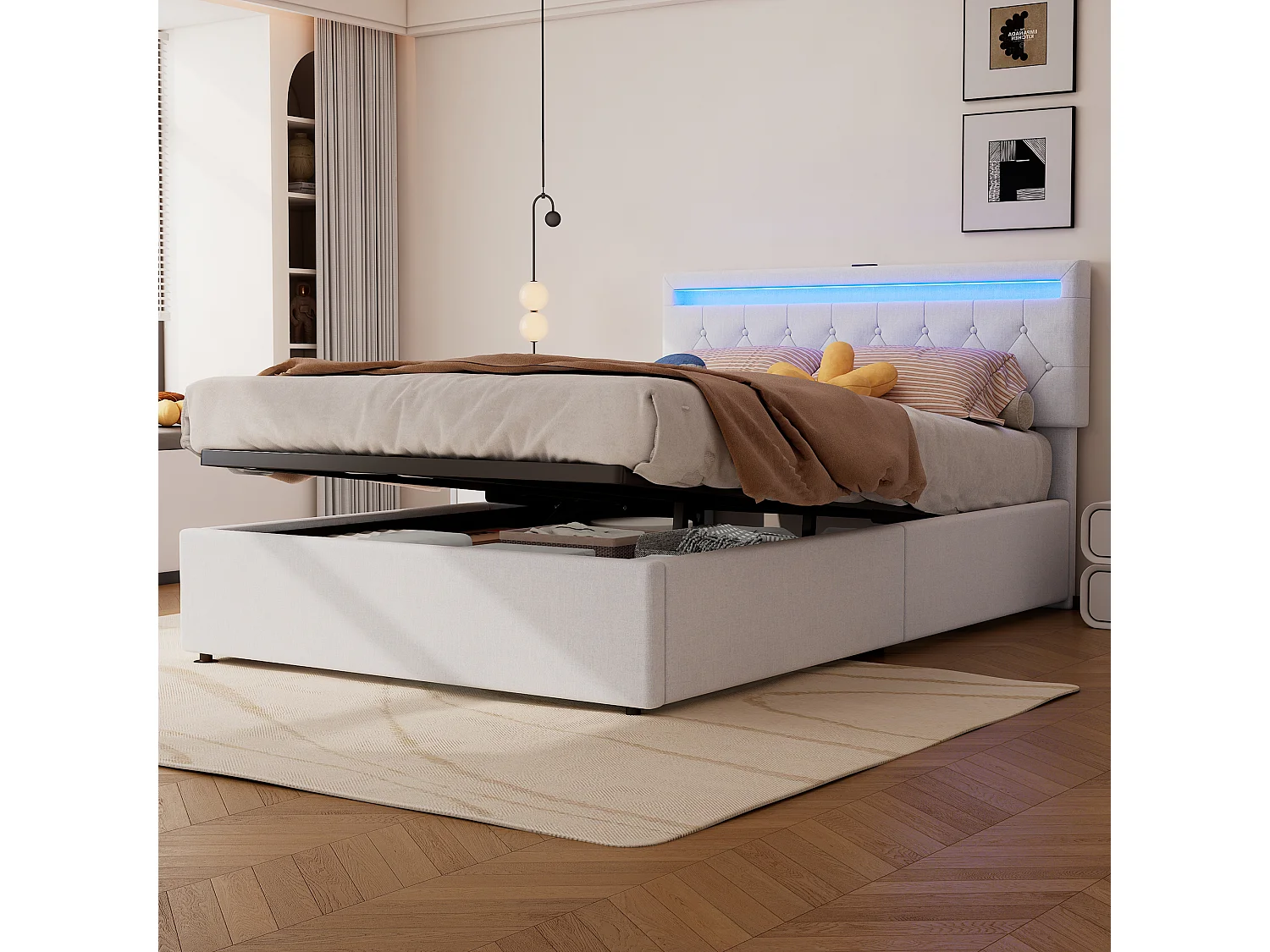 Lit plat 140x200 cm, structure rembourrée, éclairage LED, télécommande 24 touches, relevable, prises USB et Type-C, grand rangement, Blanc