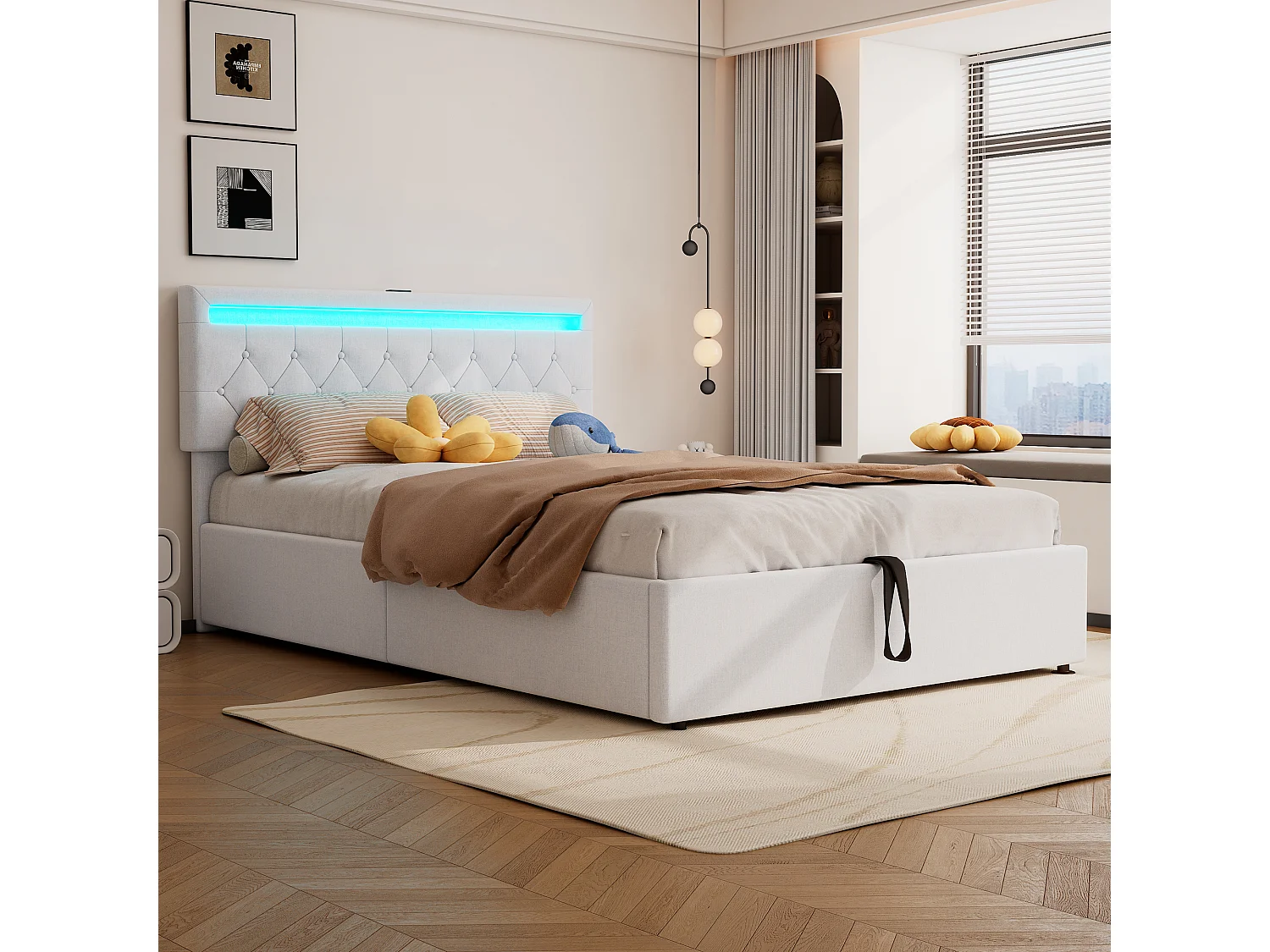 Lit plat 140x200 cm, structure rembourrée, éclairage LED, télécommande 24 touches, relevable, prises USB et Type-C, grand rangement, Blanc