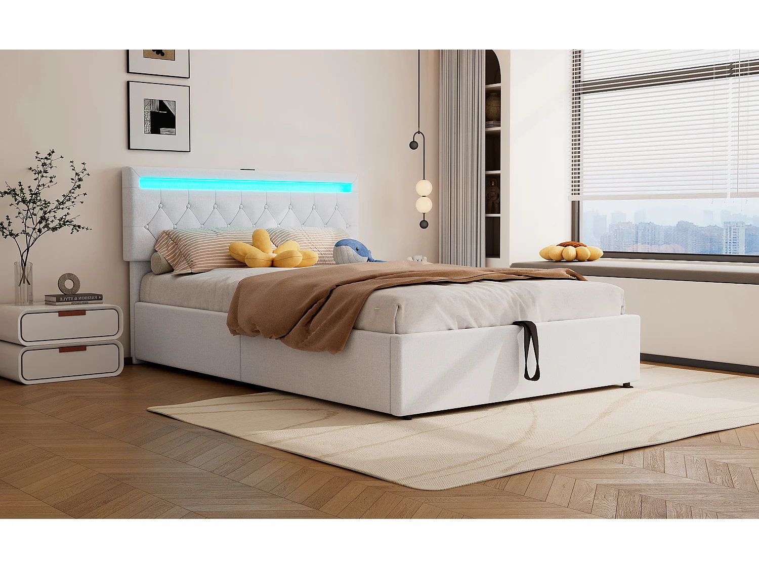 Lit plat 140x200 cm, structure rembourrée, éclairage LED, télécommande 24 touches, relevable, prises USB et Type-C, grand rangement, Blanc