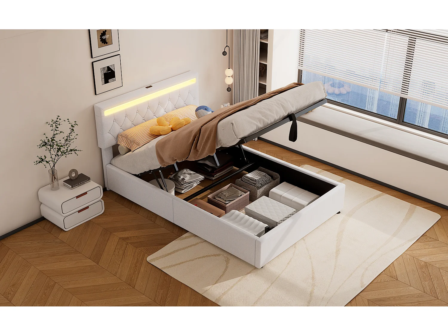 Lit plat 140x200 cm, structure rembourrée, éclairage LED, télécommande 24 touches, relevable, prises USB et Type-C, grand rangement, Blanc