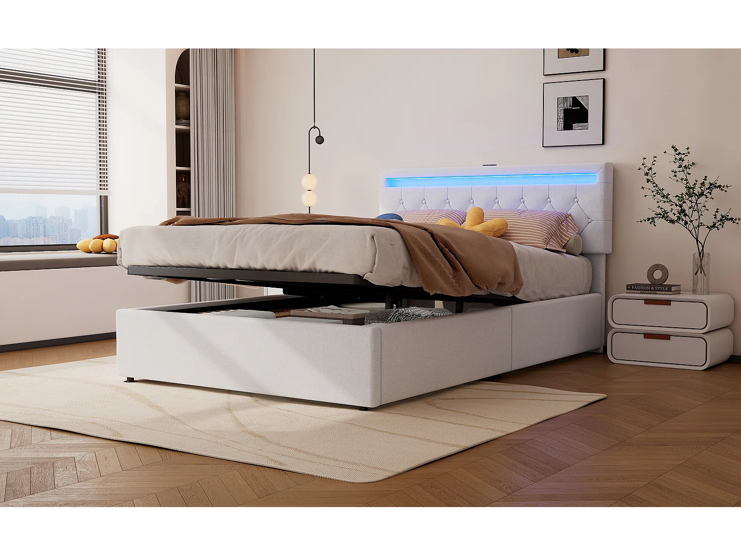 Lit plat 140x200 cm, structure rembourrée, éclairage LED, télécommande 24 touches, relevable, prises USB et Type-C, grand rangement, Blanc