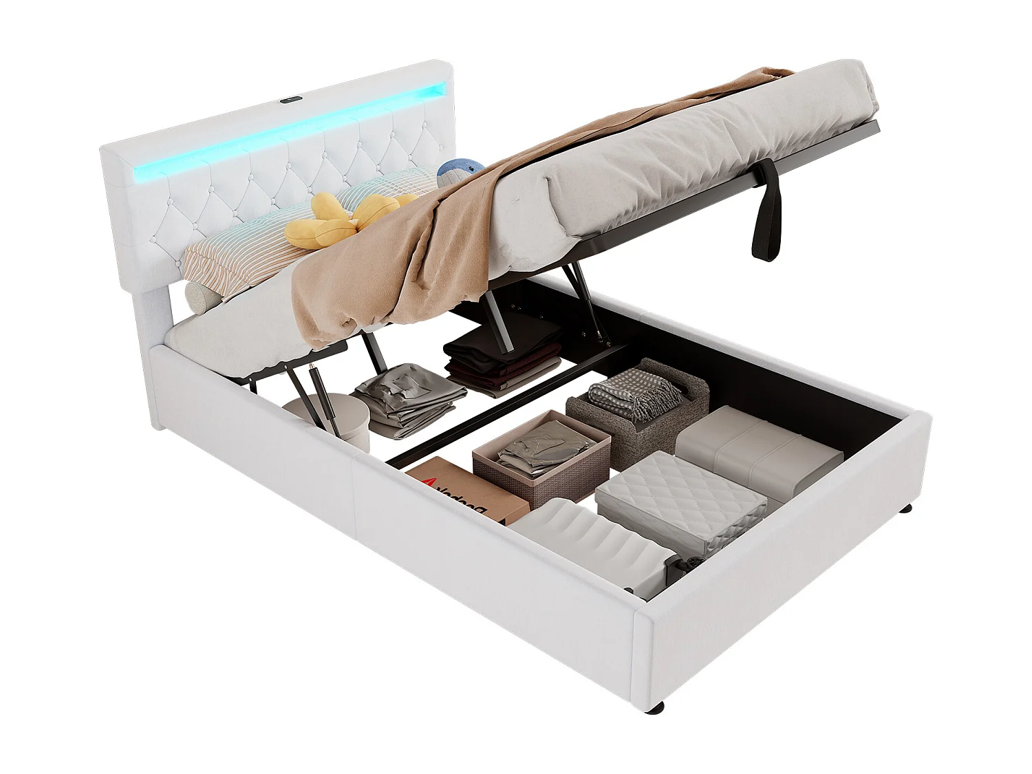 Lit plat 140x200 cm, structure rembourrée, éclairage LED, télécommande 24 touches, relevable, prises USB et Type-C, grand rangement, Blanc