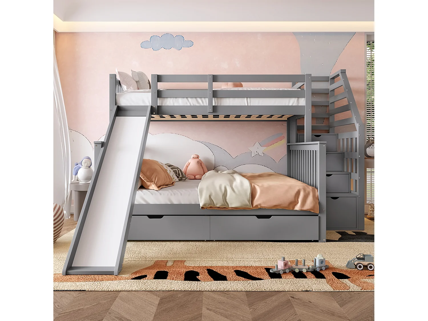 Lit superposé 90x200 sur 140x200 cm gris avec tiroirs, rangement intégré et toboggan, design multifonctionnel