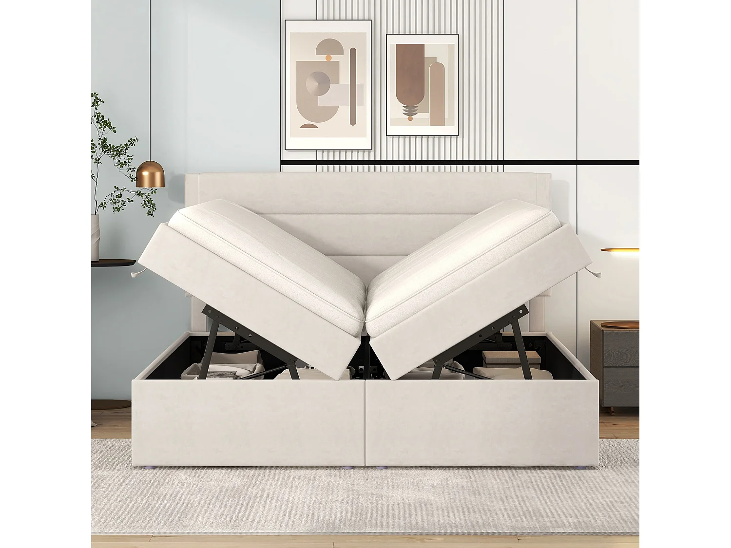 Lit capitonné 140x200 cm beige avec sommier à cadre métallique, grand espace de rangement, ouverture bilatérale