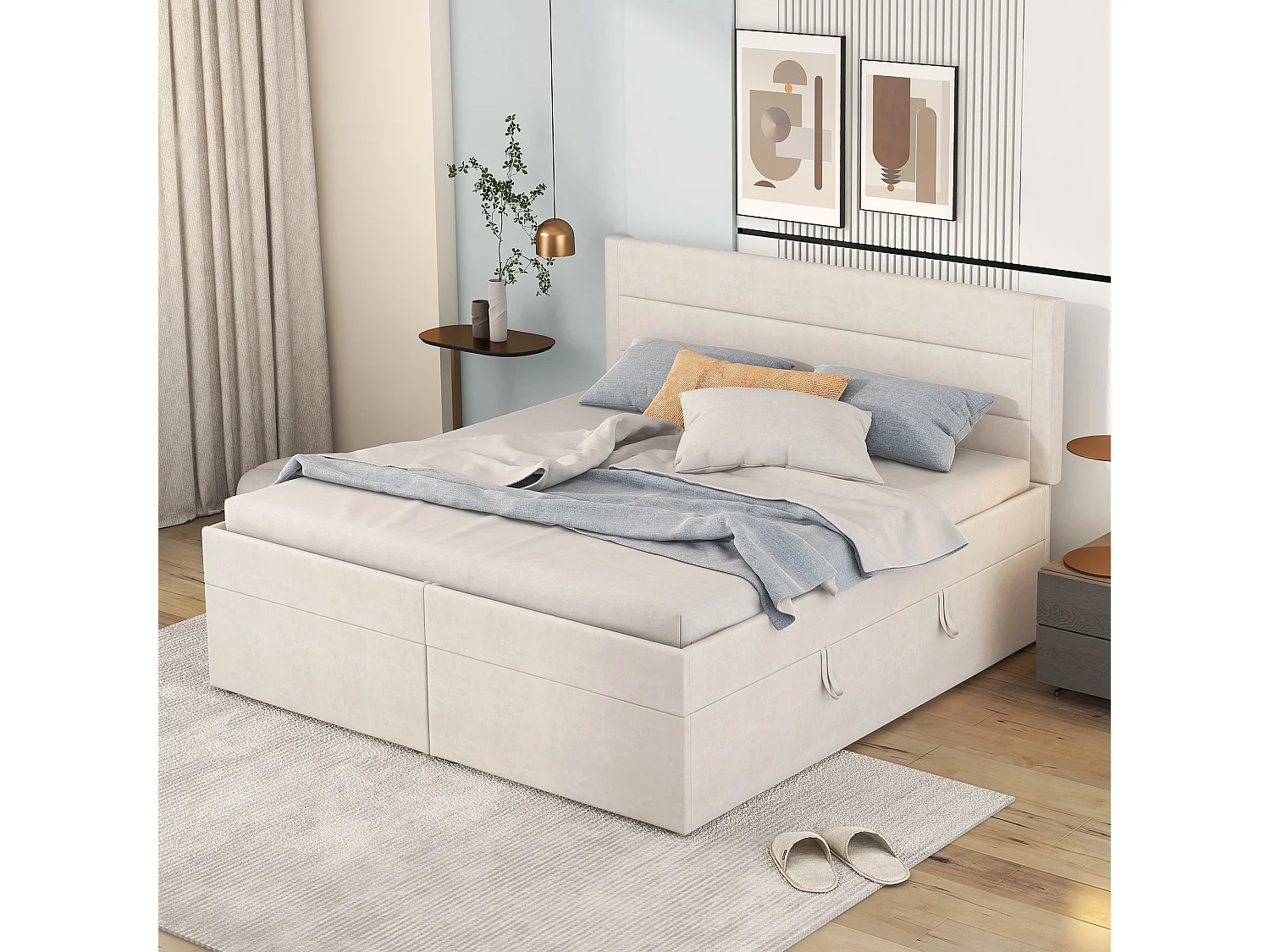 Lit capitonné 140x200 cm beige avec sommier à cadre métallique, grand espace de rangement, ouverture bilatérale