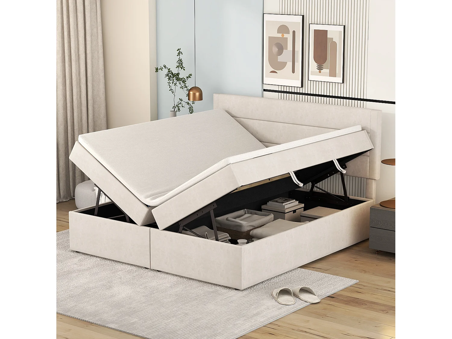 Lit capitonné 140x200 cm beige avec sommier à cadre métallique, grand espace de rangement, ouverture bilatérale